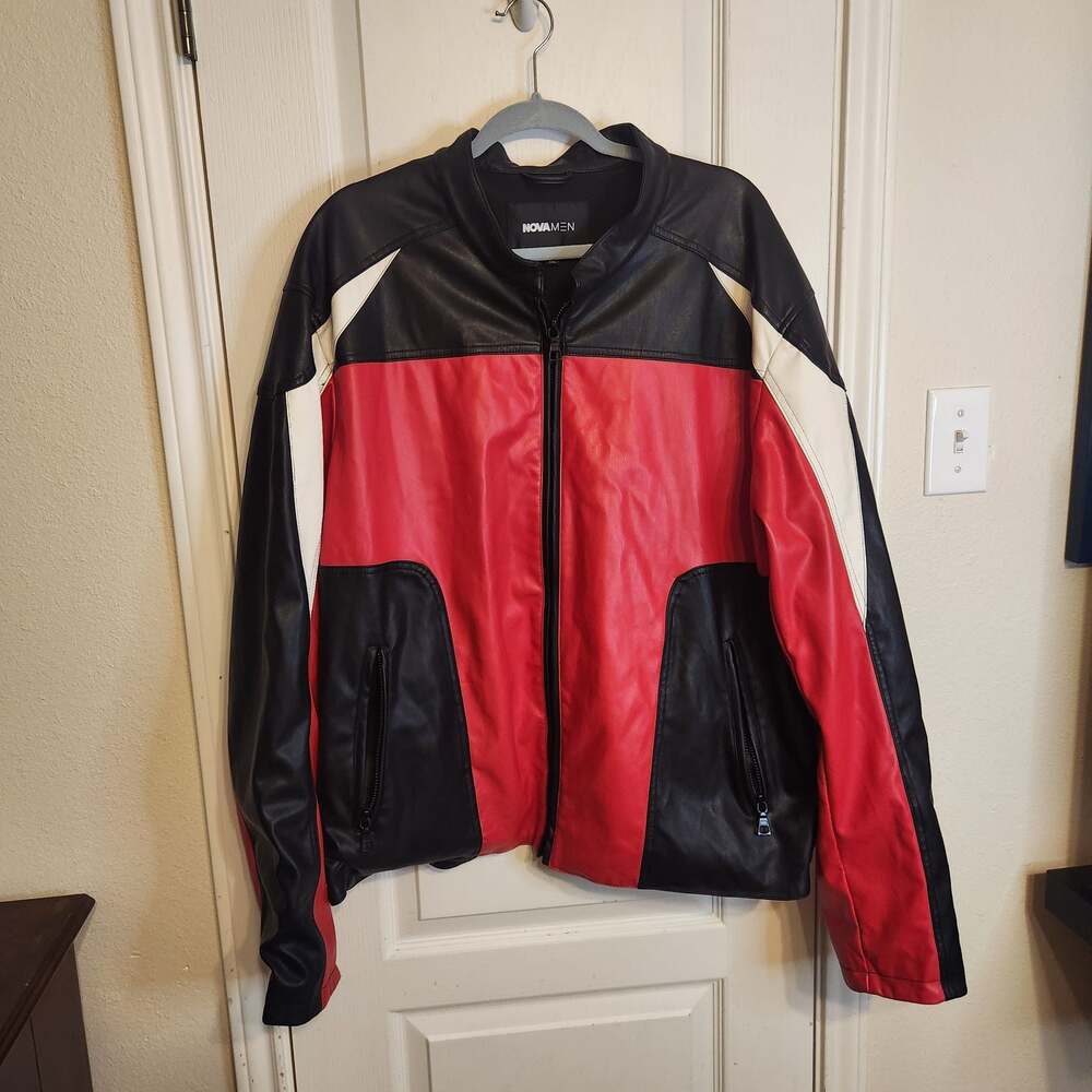 Men's Faux Leather Racing Jacket Black Red White
